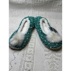 Snoozies Nubby Knit Pom Pom Slipper Socks Teal‎ Medium 7-8 Cozy Sherpa Lined